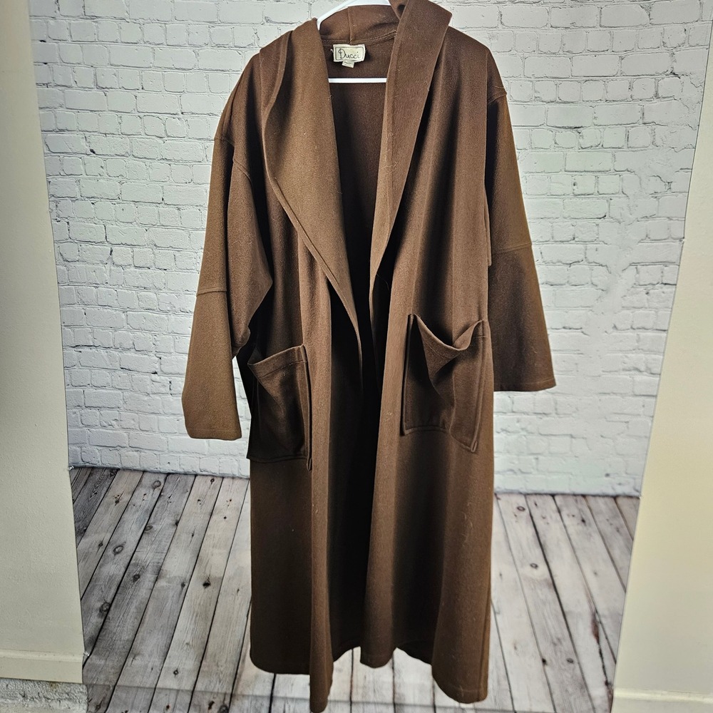 Ducci Brown 100% Wool Open Front Long Cardigan Coat Oversized Pocket M